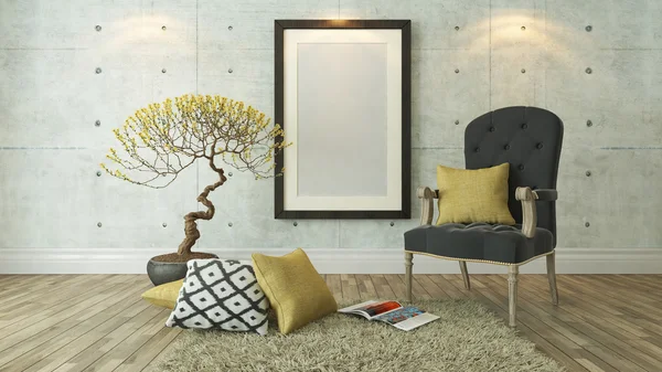 Siyah resim çerçeveleri ile gri bergere ve sarı yastık backgro