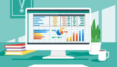 Accounting or Financial Management Software Program on Computer Screen in Office Desk. 