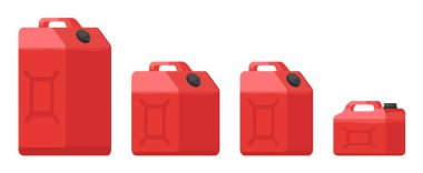 Various Size of Red Plastic Jerry Cans. Tall, Big, Medium and Small Size of Jerrycan Flat Vector Illustration. 