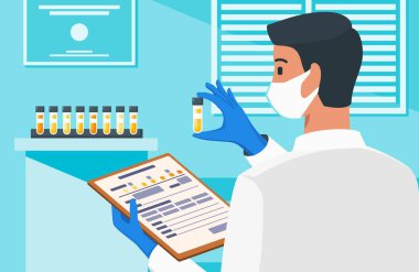 Physician or Healthcare Professional Checking Out Labeled Urine Test Vial in Medical Laboratory. clipart