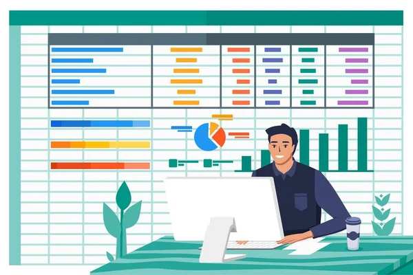 Trabalho Contador Masculino Com Programa Papelada Planilha Tela Computador Escritório —  Vetores de Stock