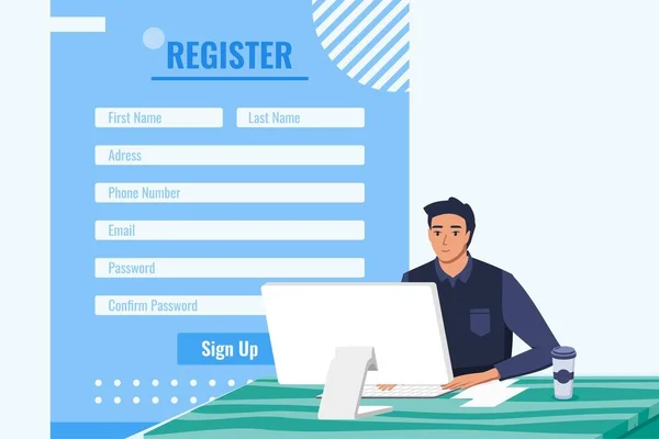 Young Man Filling Online Registration Form Web Page Desktop Computer — 스톡 벡터