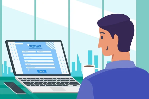 Young Man Filling in Online Registration Form Web Page in Laptop Flat Vector Illustration. 