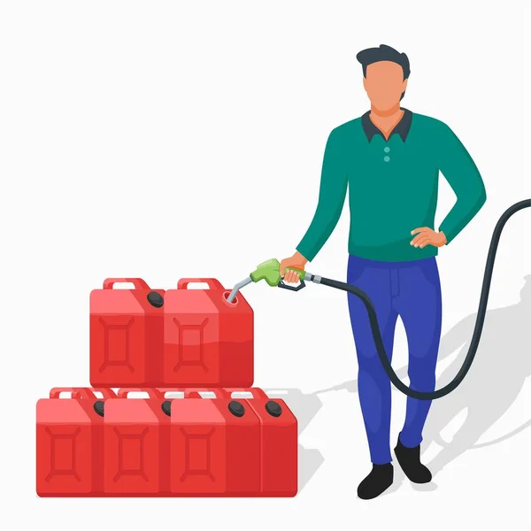 Hombre Acaparando Gasolina Usando Latas Rojas Jerry Gasolinera Ilustración Vectores — Vector de stock