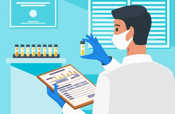 Physician or Healthcare Professional Checking Out Labeled Urine Test Vial in Medical Laboratory.
