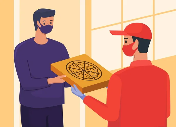 Pizza Delivery Man Φορέστε Μάσκα Προσώπου Και Γάντια Φθάνουν Μεγάλο — Διανυσματικό Αρχείο