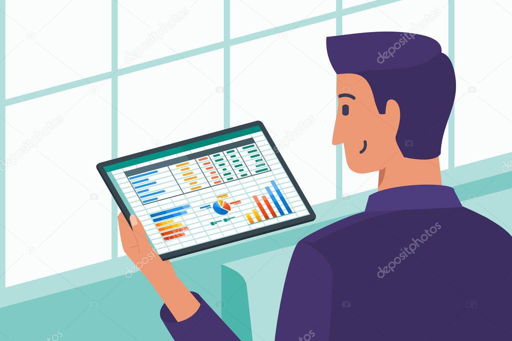 Business Manager or Owner Checking Out Company Data Statistics Growth in Tablet Computer. 
