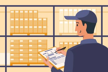 Rapor Verisi Kağıt Belgesine Yazılırken Depo Yöneticisi Mevcut Stokları Denetliyor veya Denetiyor.