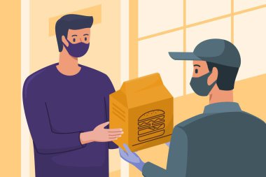 Hızlı Teslimatçı Yüzü Maskeli ve Eldivenli Ev Kapısı Müşterisi İçin Burger Paketi Verin. 