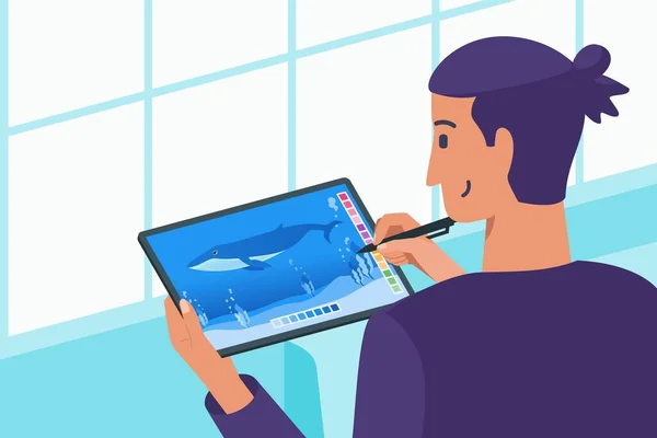 Pro Digital Artist Man Bun Hairstyle Create Drawing Humpback Whale — 스톡 벡터