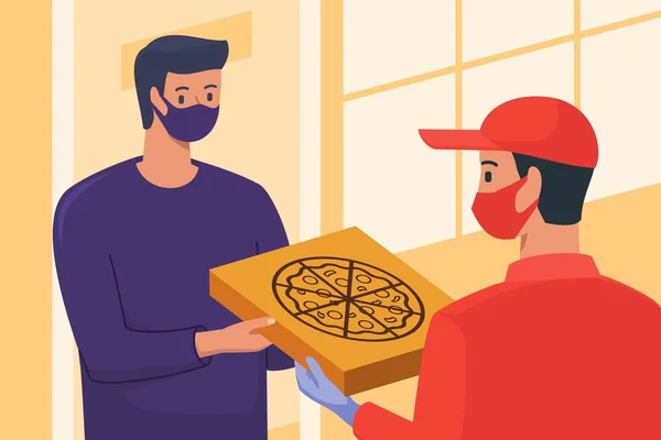 Pizza Άνθρωπος Φθορά Μάσκα Προσώπου Και Γάντια Φθάνουν Μεγάλο Τετράγωνο — Διανυσματικό Αρχείο