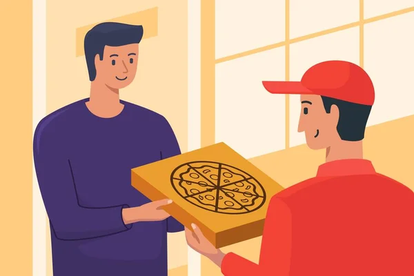 Щасливий Споживач Отримує Піцу Пакунку Від Швидкого Доставки Людини Вдома — стоковий вектор