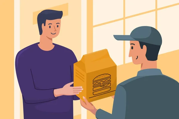 Щасливий Клієнт Отримує Гамбургер Пакет Від Швидкого Доставки Людини Вдома — стоковий вектор