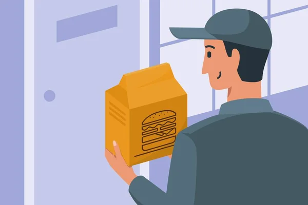 Burger Delivery Man Άφιξη Catering Χάρτινη Τσάντα Πακέτο Στο Σπίτι — Διανυσματικό Αρχείο