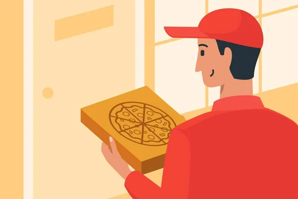 Піца Доставка Людина Прибуває Великою Квадратною Скринькою Двері — стоковий вектор