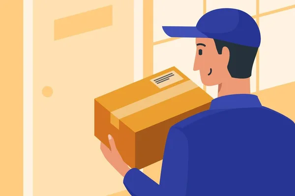 Happy Fast Delivery Man Chega Com Pacote Loja Line Porta — Vetor de Stock