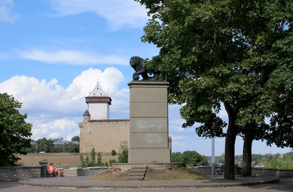 Schwedischer Löwe und mittelalterliche Burg — Stockfoto