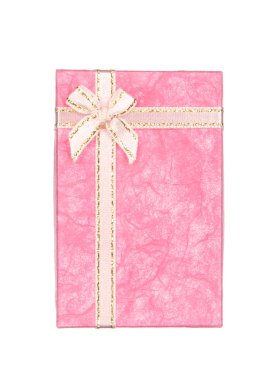 Şerit ve üzerinde beyaz izole yay pembe hediye kutusu