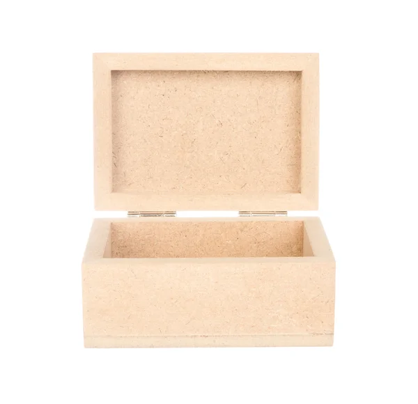 Caixa de madeira aberta isolada em branco — Fotografia de Stock