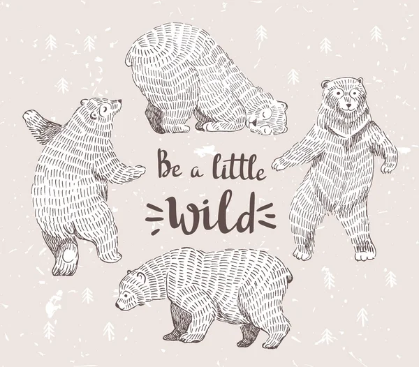 Bears with the stylish hipster calligraphy "Be a little wild". — Stock Vector