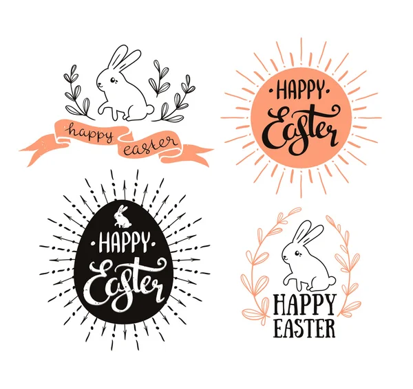 Ensemble de Pâques avec lettrage, soleil et lapins . — Image vectorielle