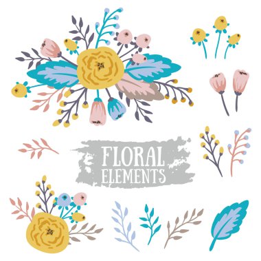 el çekilmiş vintage çiçek öğeleri 