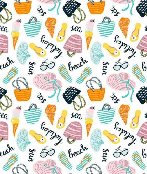 Summer seamless pattern with beach accessories — Stock Vector