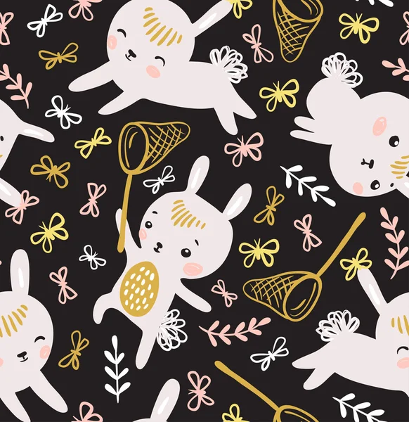 Childish seamless pattern with rabbits — Stock Vector