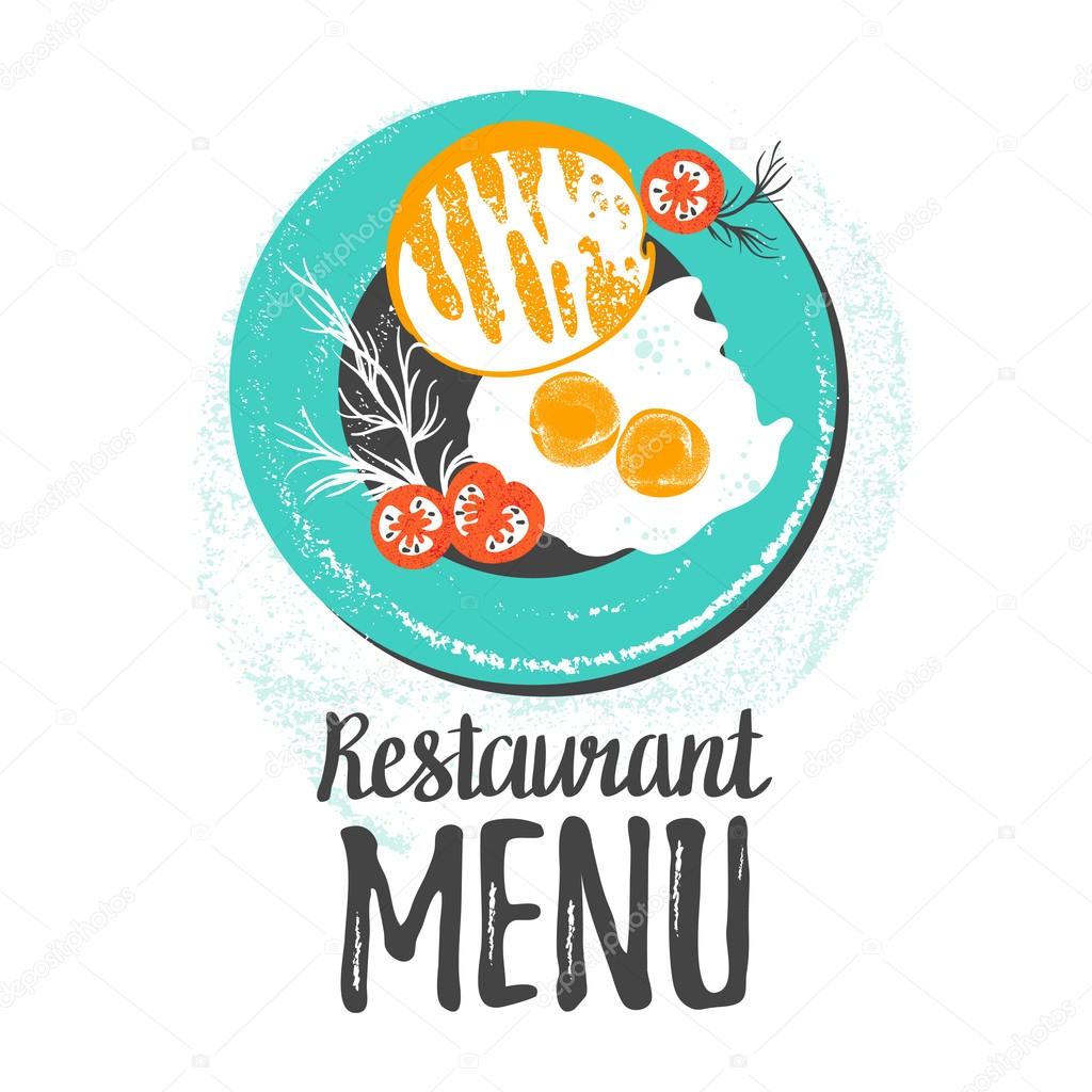 Vector cute  breakfast: eggs, toast bread, tomatoes and dill on a plate.  Vector colorful grunge hipster illustration isolated on white. Stylish background with food for restaurant menu.