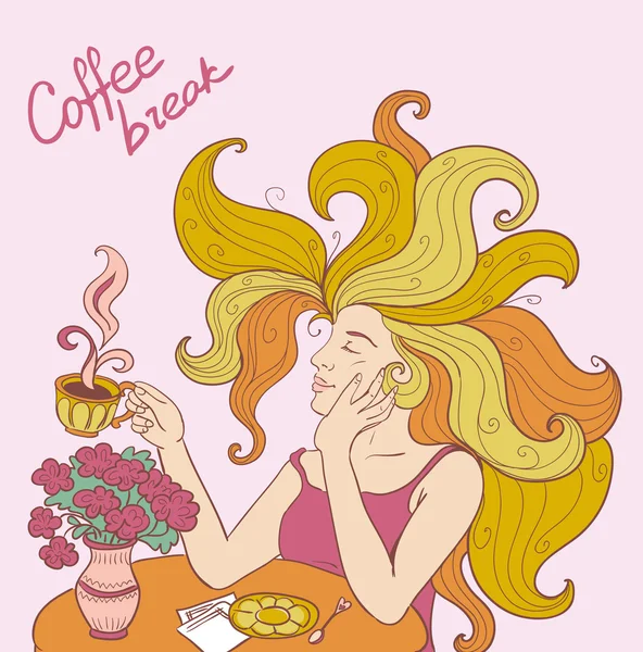 Kaffee-Poster mit trinkenden Mädchen — Stockvektor