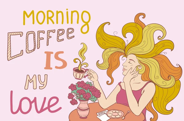 Café y chica de la mañana — Vector de stock