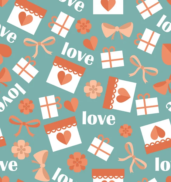 Романтический бесшовный узор с сердечками, подарками — стоковый вектор
