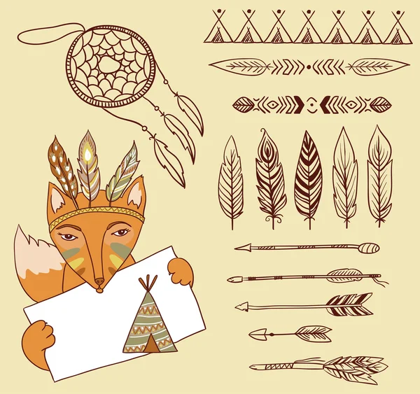 Fox y elementos indios — Vector de stock