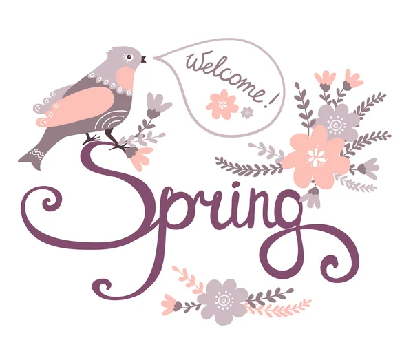 Welcome spring card with bird on flowers — Stock Vector