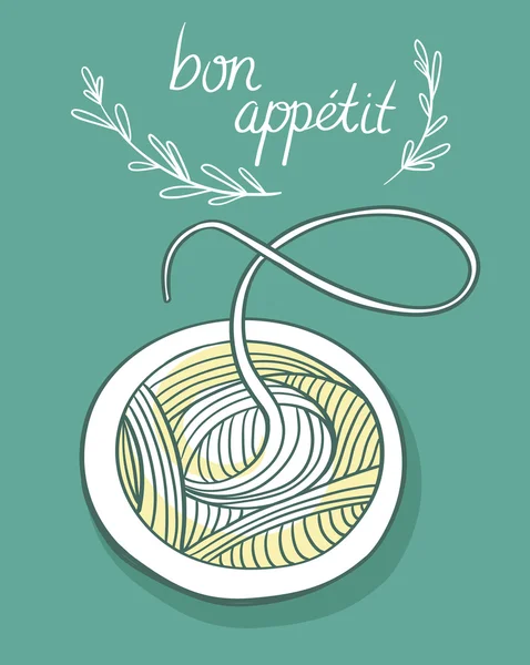 Biglietto con spaghetti e cartello Bon Appetit — Vettoriale Stock