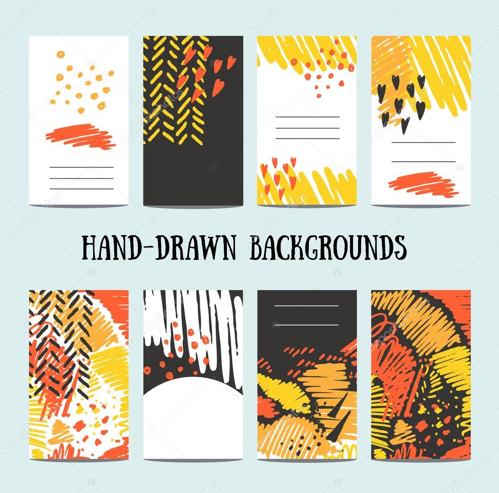 Hand drawn 8 cards with trendy textures and logotypes. Business card, wedding, marriage, bridal, birthday, Valentine's day. With isolated objects