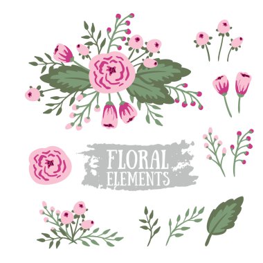 el çekilmiş vintage çiçek öğeleri