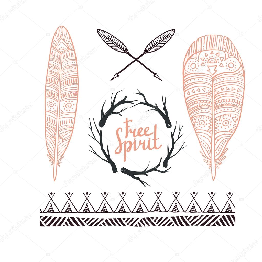 Set of rustic logo elements - arrows, branches and feathers. Hand drawn vintage vector design elements