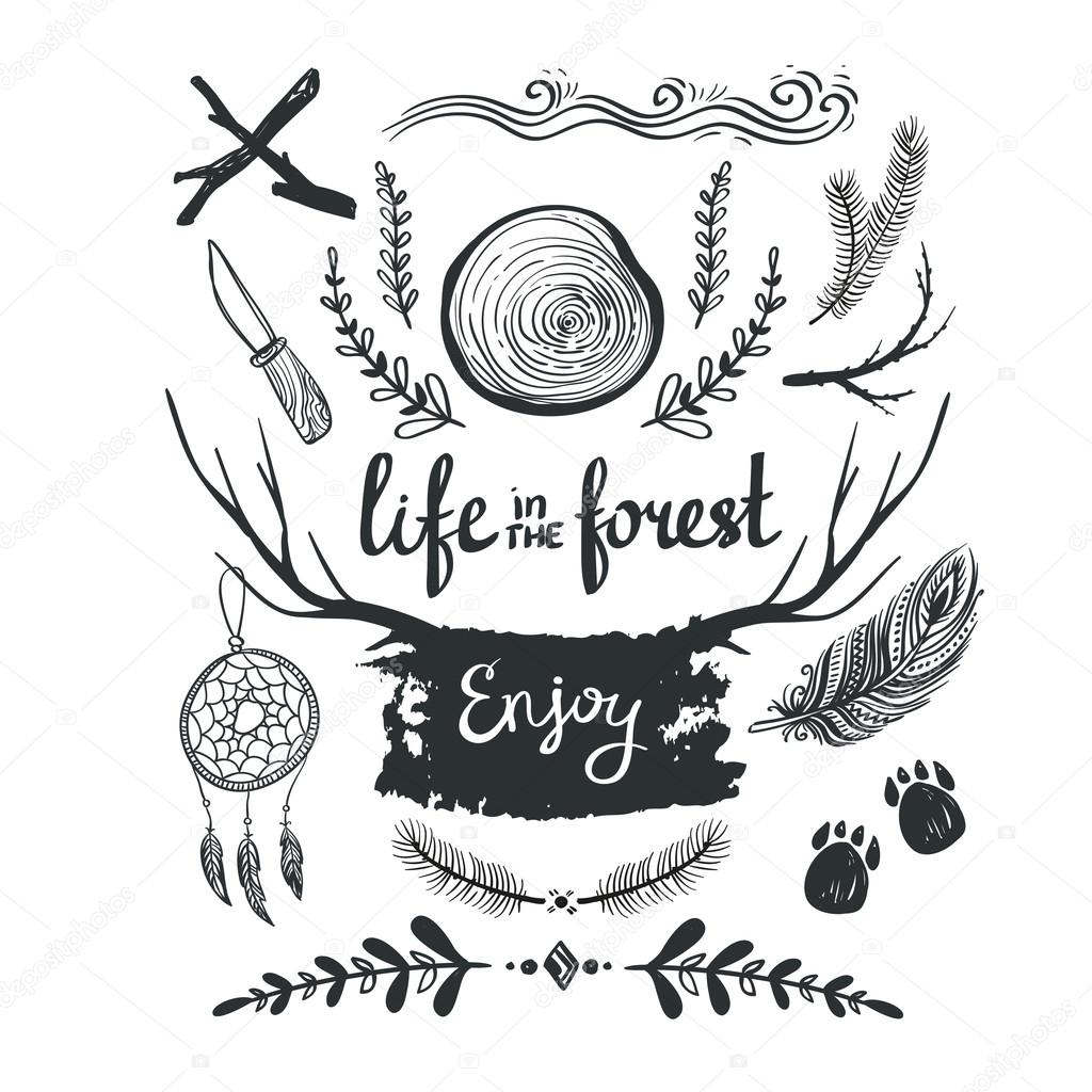 Set of hand drawn tribal elements and dividers. Forest design.Chalk elements.