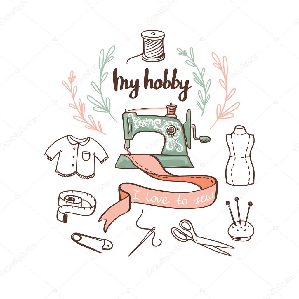 Sewing paper card with dressmaking accessories. My hobby - lettering