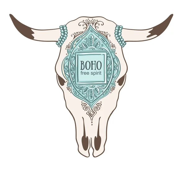 Cráneo de vaca con marco ornamental bohemio — Vector de stock