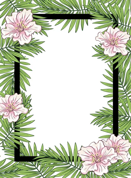 Palm verlaat met bloemen en frame — Stockvector