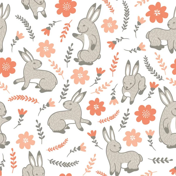 Pattern with rabbits and flowers — Stock Vector