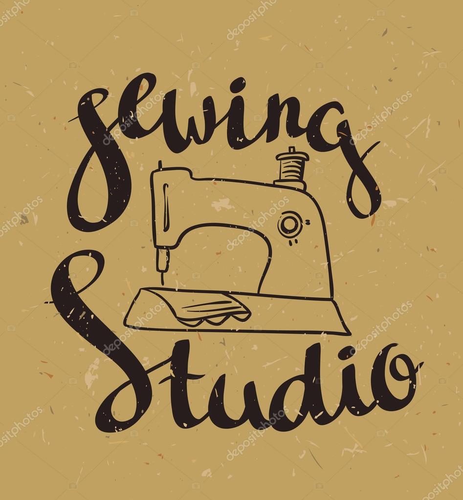 Hand drawn typography poster with sewing machine and stylish lettering 