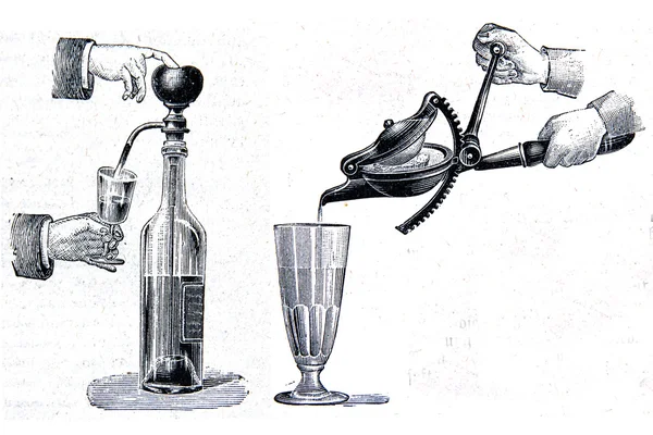 Antik sifon Seltzer flaska och en Juicepress — Stockfoto