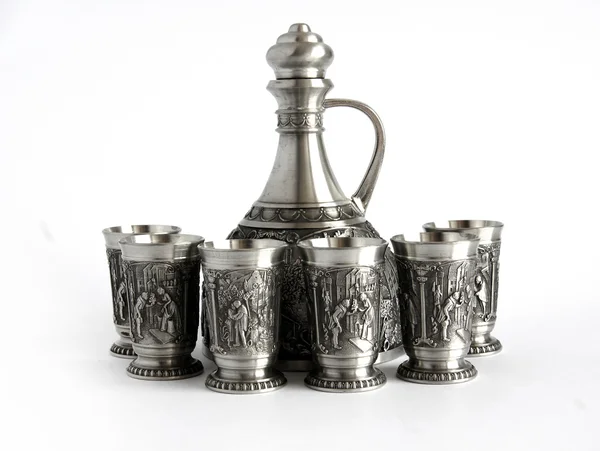 Vintage pewter decanter and glasses — Stock Photo, Image