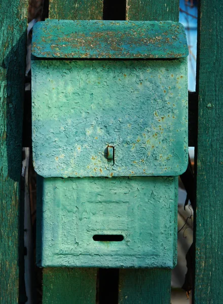 Old Mailbox Painted Wooden Fence — Stock Photo, Image