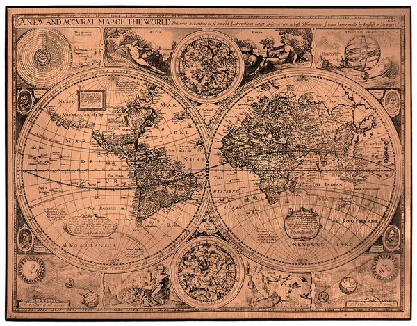 Bakır Bir Gravür Tarzı Antik Dünya Haritası Stok Fotoğraf