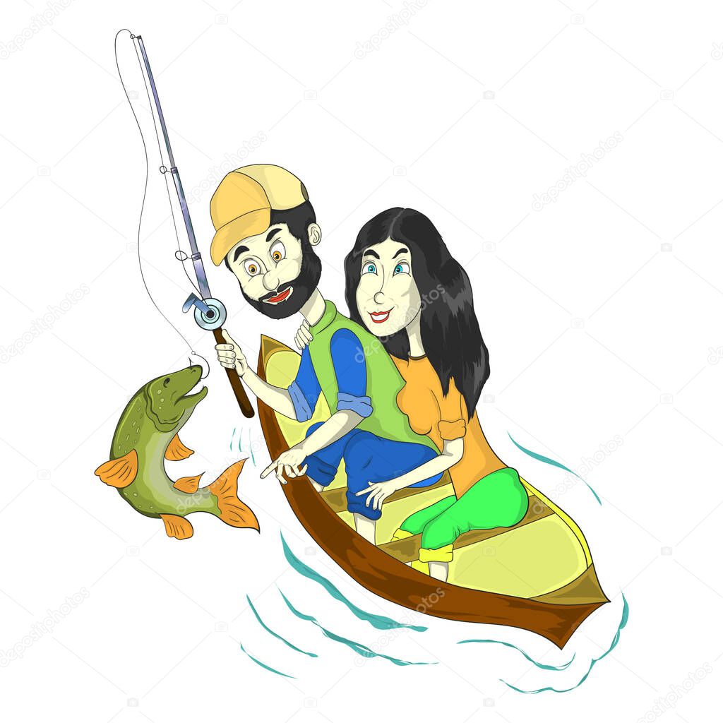 a couple of lovers are fishing on a boat