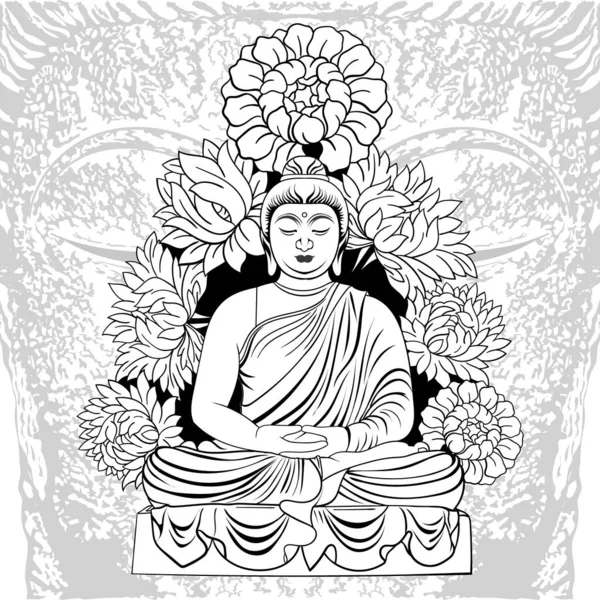 Buddha Meditación Alrededor Flores — Vector de stock